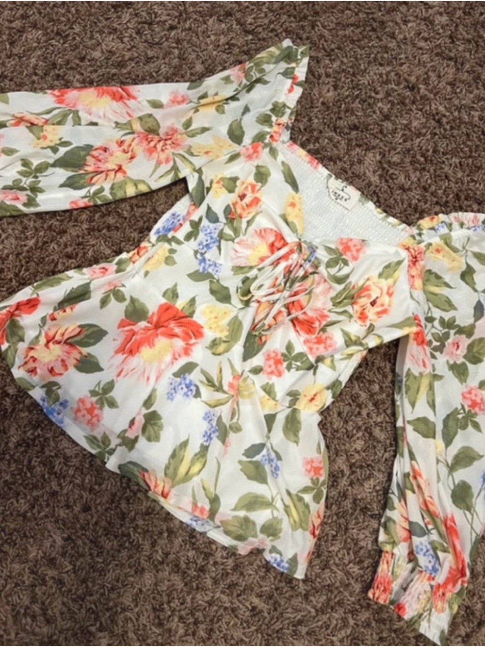 Floral Off-Shoulder Peasant Blouse - White with Coral & Green